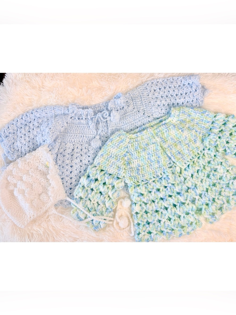 Vintage Hand Crochet Infant Baby Sweaters and Bonnet Bundle